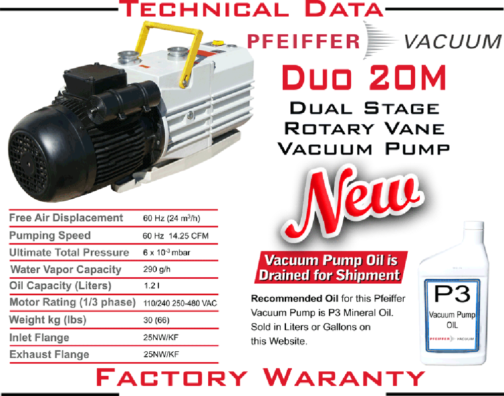 NEW Pfeiffer Balzers DUO20M DUO 20 M Dual Stage Rotary Vane Vacuum Pump ...